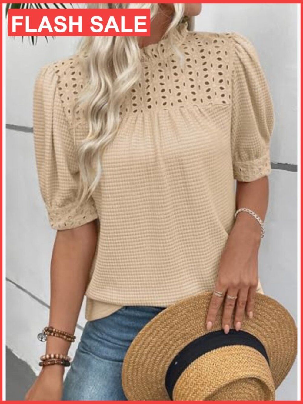 Waffle Knit Mock Neck Puff Sleeve Blouse Women Dressy Casual Tunic Top - Picture 6 of 7